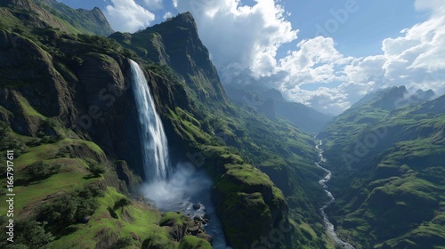 Majestic Mountain Valley with Waterfall and River in Lush Green Landscape Under Cloudy Sky