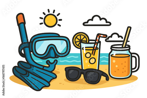Summer beach vacation essentials concept. Snorkeling gear, sunglasses and refreshing drinks on a tropical seaside. Cartoon vector illustration for travel and leisure.