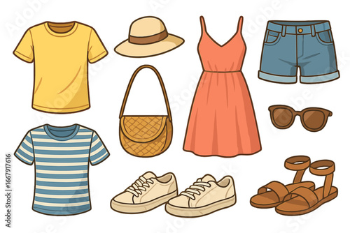 Summer clothes and accessories set. Casual vacation outfit. Fashionable men's and women's clothing collection. T-shirt, dress, shorts, hat, bag, shoes. Vector cartoon.