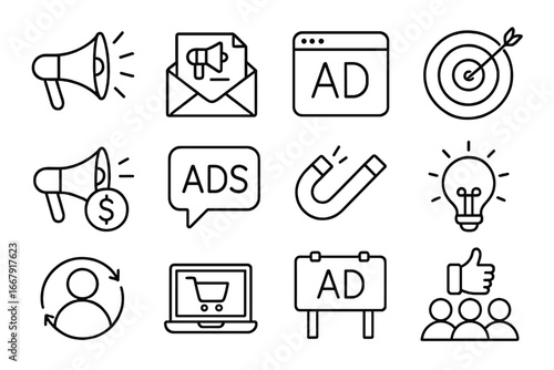 Marketing advertising linear icon set. Digital promotion, communication, and e-commerce symbols. Customer targeting, ads campaign, and lead generation strategy vector icons.
