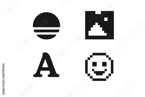 Retro internet meme icon set. Vaporwave sunset, pixel art picture, font symbol, and 8-bit smiley emoji. Collection of niche online culture aesthetic vector glyphs.