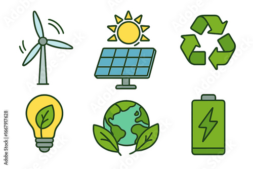 Renewable energy color icon set. Green technology and sustainability symbols. Wind turbine, solar panel, recycle sign, eco lightbulb, green planet, and battery charge icons.