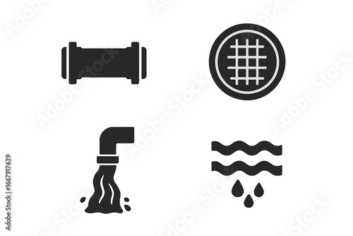 Sewer system vector icon set. Solid glyphs of plumbing and drainage components. Includes main sewer pipe, manhole cover, wastewater discharge, and sewage flow symbols.