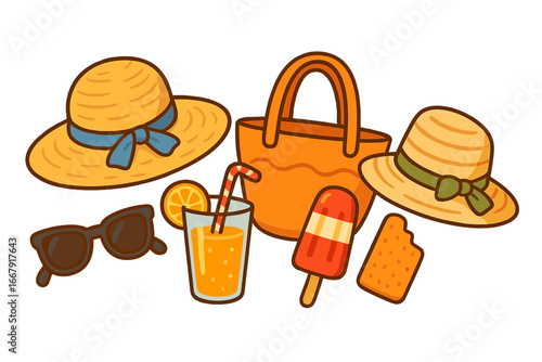Summer beach essentials vector set. Cartoon illustration of holiday items: straw hat, sunglasses, bag, juice, popsicle. Vacation accessories for travel, sun protection concept.