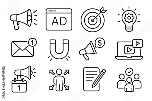 Marketing and advertising linear icon set. Digital promotion symbols collection. Communication, customer attraction, targeting, email, video content and campaign strategy icons.