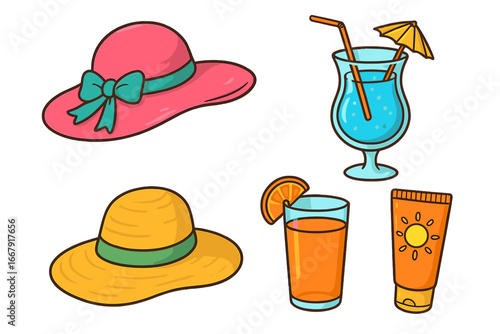Set of summer beach vacation essentials. Vector cartoon illustration of sun hats, tropical cocktail drink, juice, and sunscreen. Holiday travel icons collection isolated.