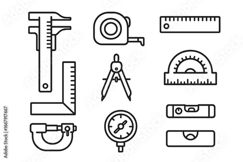 Measurement tools line icon set. Engineering, construction precision instruments. Vector collection with ruler, caliper, protractor, spirit level, and tape measure icons.
