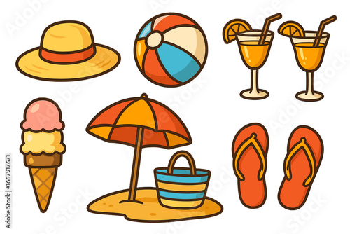 Summer beach essentials icon set. Vector cartoon illustration of vacation accessories. Holiday travel collection with hat, ball, cocktail, ice cream, umbrella, bag, flip flops.