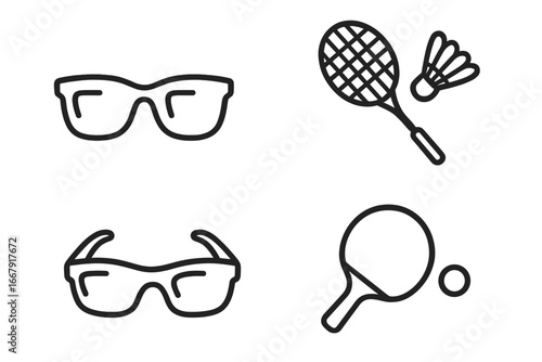 Sports equipment outline icon set. Eyewear, sunglasses, badminton racket, shuttlecock, table tennis, and ping pong paddle. Vector linear pictograms for web and print.