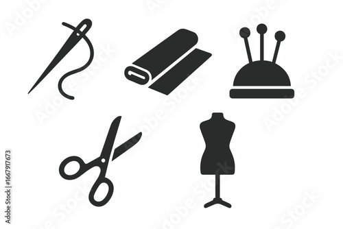 Sewing tools vector icon set. Solid black glyph collection for tailoring, dressmaking. Needle, thread, fabric roll, pins, pincushion, scissors, mannequin for craft and hobby.