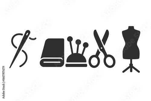 Sewing and tailoring solid glyph icon set. Vector collection of tailor tools for dressmaking, craft, and handmade fashion. Includes needle, thread, fabric, pincushion, scissors, mannequin.