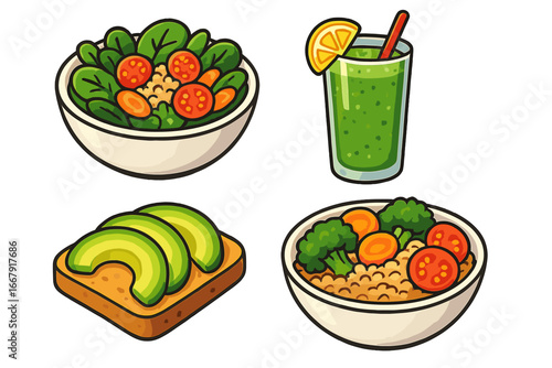 Healthy food icon set. Vegan meal collection with salad, green smoothie, avocado toast, grain bowl. Vector cartoon illustration for diet, nutrition, and clean eating concepts.