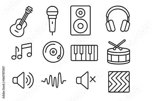 Music production line icon set. Audio recording and sound wave symbols. Vector collection of instruments, studio equipment, acoustic treatment, microphone, speaker, headphones.