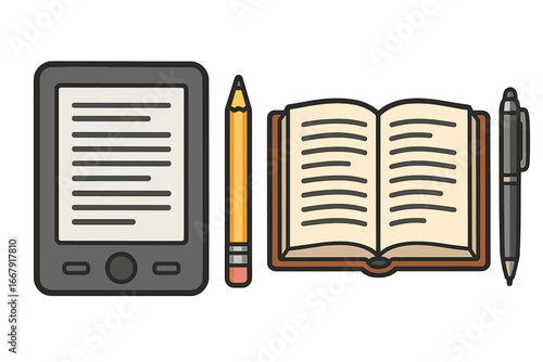 E-reader vs traditional paper book. Digital tablet and classic literature. Writing tools pencil and pen. Concept for education, technology, reading, writing, and learning.