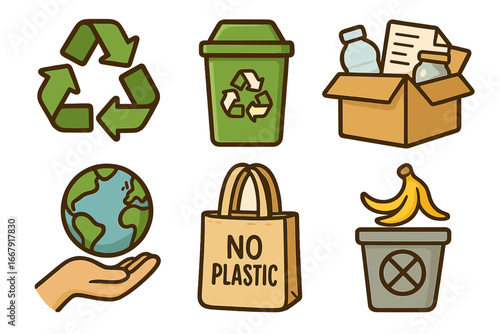 Ecology and zero waste concept. Recycling symbol, sorting trash, no plastic bag, earth care. Eco friendly lifestyle. Waste reduction and management vector illustrations.