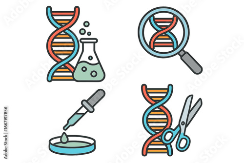 Biotechnology and DNA manipulation icon set. Vector concepts for genetic engineering, gene editing, CRISPR, and scientific research. Laboratory tools for analysis and experiments.