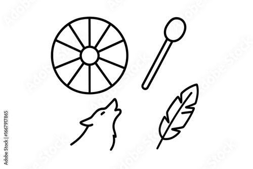Shamanic journey outline icon set. Vector symbols for spiritual practice, meditation, sacred ritual. Drum, beater, feather and wolf spirit animal totem illustration.