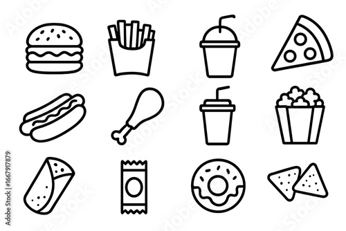 Fast food line icon set. Vector collection of junk food and snack outline symbols. Burger, pizza, fries, hot dog, soda, chicken, popcorn and donut for takeout and delivery.