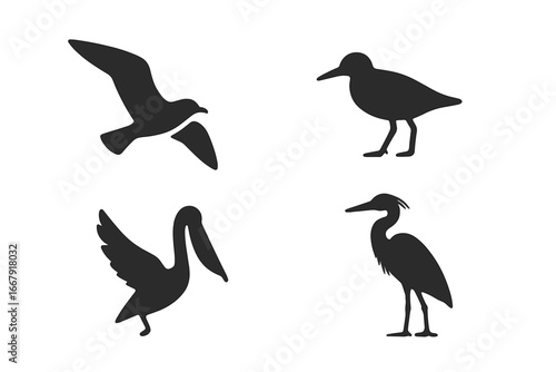 Shoreline bird silhouette icon set. Coastal birds vector collection: flying seagull, sandpiper, pelican, heron. Avian wildlife graphics for nature and coastal themes.