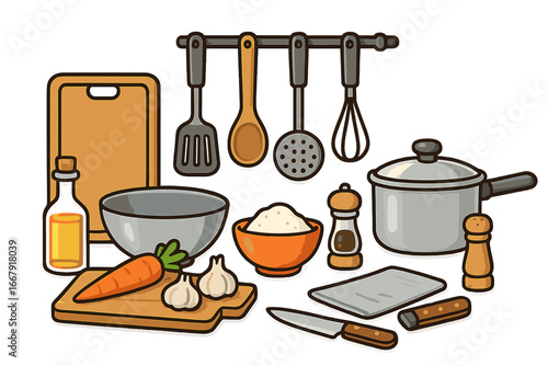 Kitchen utensils and cookware set for food preparation. Cooking concept with ingredients like carrot, garlic, rice. Vector cartoon illustration of kitchenware, tools, and food.