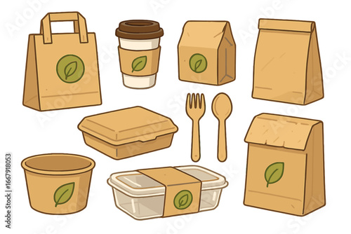 Eco-friendly food packaging set. Vector illustration of sustainable, biodegradable takeout containers, paper bags, coffee cup and cutlery for modern food service concepts.