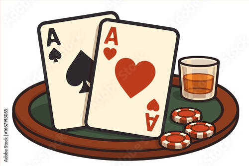 Two aces winning poker hand on green table. Gambling and casino concept. Card game with chips and whiskey. Luck, bet, risk and fortune symbol. Vector cartoon illustration.