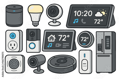 Smart home devices and appliances set. IoT technology gadgets collection. Home automation system icons. Vector cartoon illustration of speaker, camera, thermostat, robot vacuum.