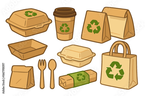 Eco-friendly food packaging set. Sustainable takeaway containers, paper bag, coffee cup, and cutlery. Biodegradable, compostable materials with recycle symbol. Vector cartoon.