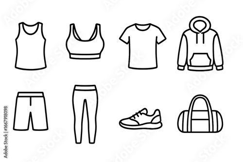 Fitness clothing line icon set. Gym apparel and sportswear linear collection. Vector icons for workout, training. Sports bra, leggings, hoodie, sneaker, gym bag illustration.