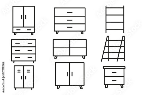 Furniture storage line icon set. Vector symbols of cabinet, shelf, dresser, wardrobe. Outline illustration for interior design. Minimalist home decor and organization pictograms.