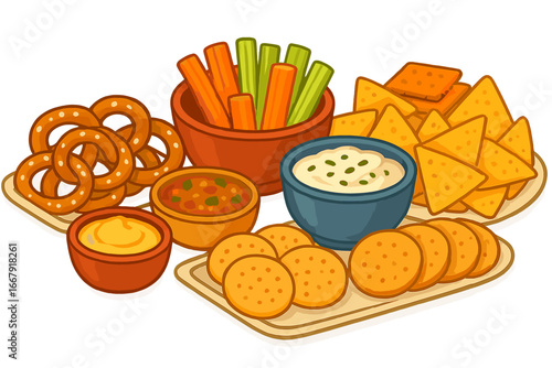 Party snack platter with assorted appetizers vector illustration. Includes nachos, pretzels, crackers, carrot and celery sticks, salsa, cheese sauce, and creamy dip. Finger food.