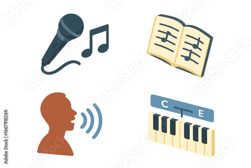 Singing essentials icon set in isometric style. Concept for vocal training, music school, karaoke or choir. Vector icons of microphone, sheet music, voice and piano.