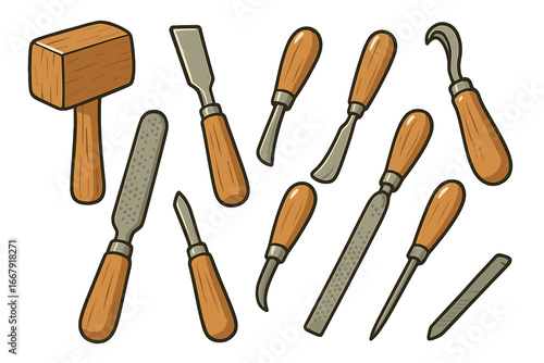 Wood carving tools set for hobby and craft. Vector cartoon illustration of chisel, gouge, mallet, and rasp for woodworking, sculpture, and DIY projects. Isolated on white.