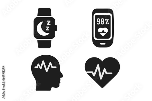 Nighttime health monitoring icon set. Sleep tracker watch, pulse oximeter, brainwave EEG, heart rate ECG. Wearable technology for health app. Vector glyph illustration.
