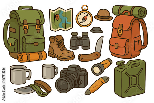 Outdoor adventure and hiking gear set. Camping equipment for travel, tourism, and survival. Vector icons collection with backpack, map, compass, boots, knife, and camera.