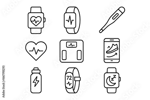 Healthcare and fitness line icon set. Wearable technology for health monitoring. Heart rate, sleep tracker, smart watch, fitness band and wellness app vector icons.