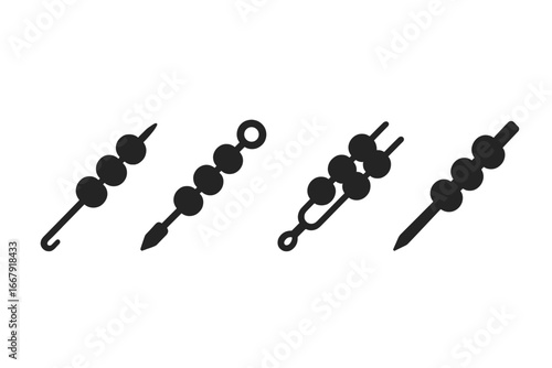 Skewer icon set silhouette. Kebab, souvlaki, and shish glyph collection. Barbecue stick symbol for grilling. Metal, bamboo, flat, and double prong skewers with food vector.