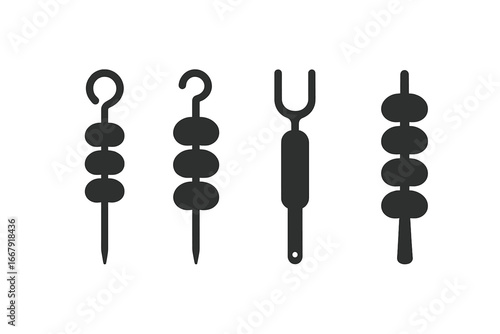Set of black skewer icons. Solid vector graphic of kebab stick, bamboo, metal, double prong & flat styles for barbecue, grill, picnic & cooking food concepts.