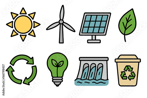 Renewable energy icon set with sustainable resources and eco-friendly practices. Solar panel, wind turbine, recycling symbol, hydroelectric dam for a greener future concept.