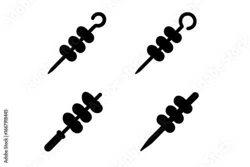Skewer icon set. Solid glyph vector illustrations of kebab sticks for BBQ and grilling. Includes bamboo, metal, double prong, and flat skewer designs. Barbecue food concept.