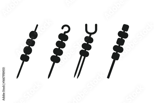 Skewer icon set. Kebab, brochette, souvlaki glyphs. Solid silhouette of bamboo stick, metal, double prong & flat skewers for barbecue. Food, meat, vegetable grilling symbols.