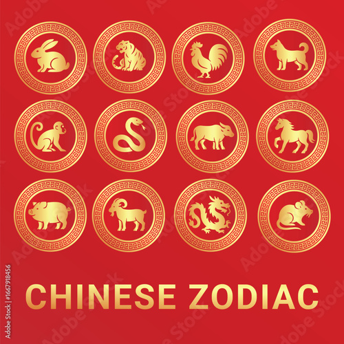 Elegant Chinese Zodiac collection featuring 12 golden animal symbols on a red background. Perfect for New Year, astrology themes, cultural art, and traditional Asian design projects.
