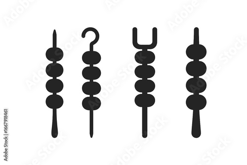 Skewer icon set. Solid filled glyph icons of different skewer types. Bamboo stick, metal hook skewer, double prong, flat skewer. BBQ, barbecue, grill, kebab concept.