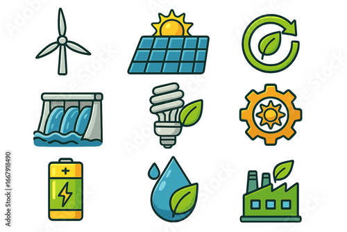Green energy icon set. Renewable power sources concept. Vector cartoon illustration of sustainable technology. Wind turbine, solar panel, hydro dam, eco factory, recycle symbol.
