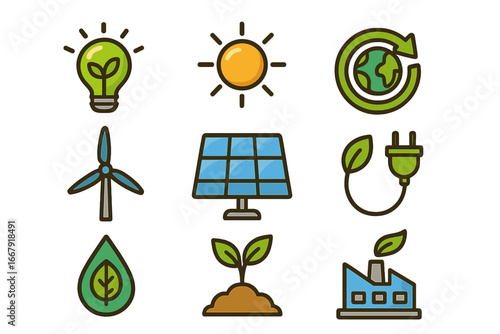 Renewable energy and sustainable technology icon set. Green initiatives for environmental awareness. Icons for solar, wind, water and bio energy. Vector cartoon illustration.
