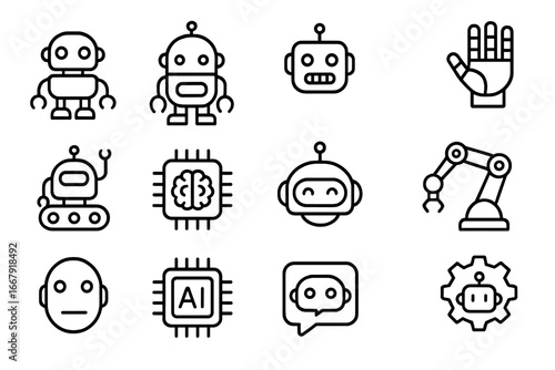 Robot line icon set, artificial intelligence, AI automation symbols, modern vector outline, cartoon style, technology icons, robotics, chatbot, machine learning concept, transparent background