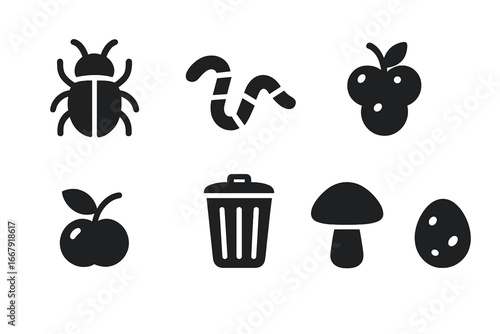 Skunk food sources icon set. Omnivore diet symbols including beetle, worm, berry, fallen fruit, garbage, mushroom, and bird egg. Wildlife feeding vector glyphs illustration.