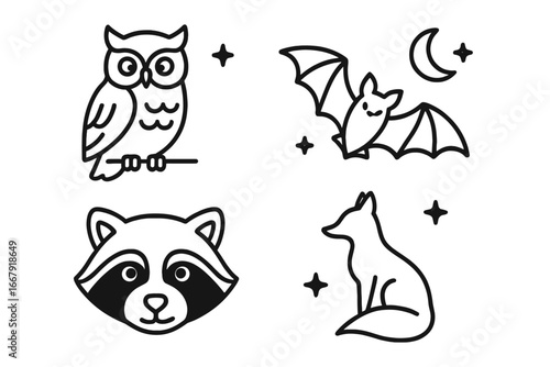 Nocturnal animals icon set. Cute wildlife collection with owl, bat, raccoon, and fox. Forest creatures line art. Minimalist night symbols vector for logo or sticker design.
