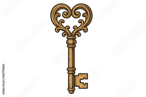Vintage ornate heart-shaped key vector. Intricate decorative skeleton key with elegant swirling details. Unique antique locksmith symbol, romantic love, security, and wedding design isolated.
