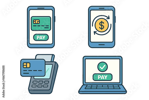 Set of digital payment icons. Mobile banking, online shopping, money transfer, and contactless payment with credit card via POS terminal. Financial technology vector illustration.